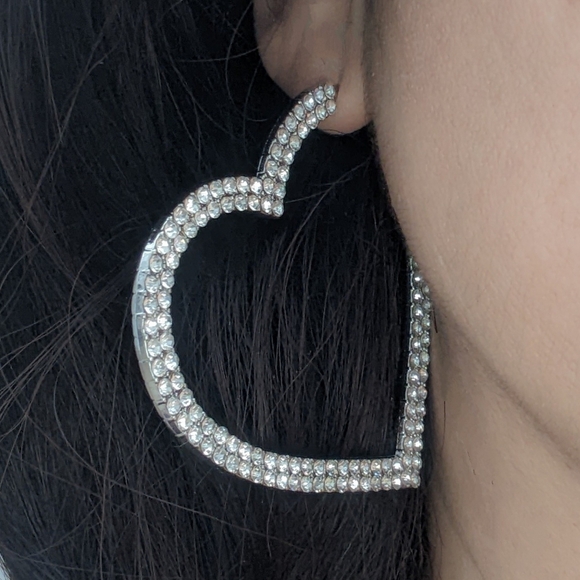 Earrings Hoop Earrings Big Hearts Shiny Crystal Rhinestone Silver Tone - Picture 6 of 12